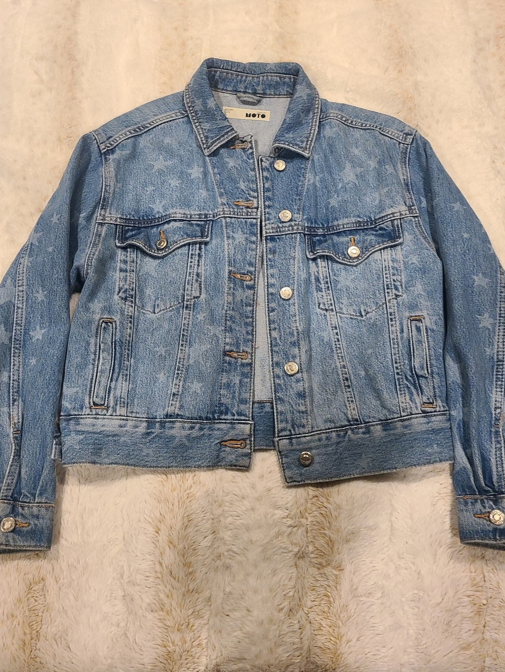 Topshop Blue Denim Jacket with Star Pattern Womens Sz M